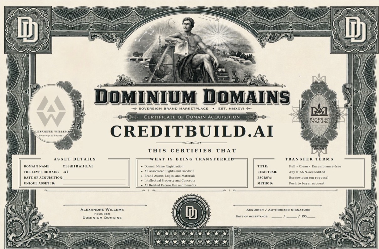 Dominium Domains Certificate of Domain Acquisition, the engraved AssetTitle for GeneBase.ai