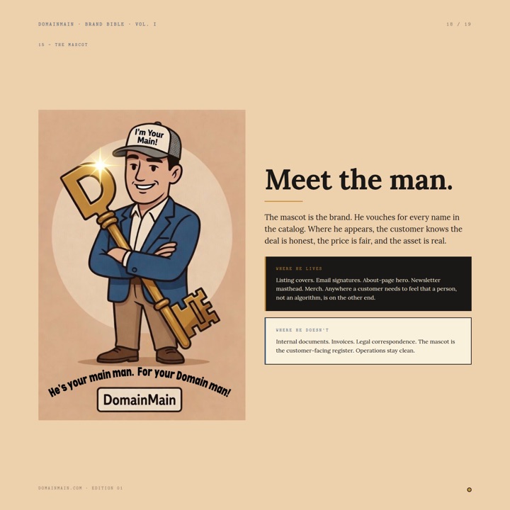 The DomainMain mascot, a grinning professional in an 'I'm Your Main!' cap holding a golden D-shaped master key