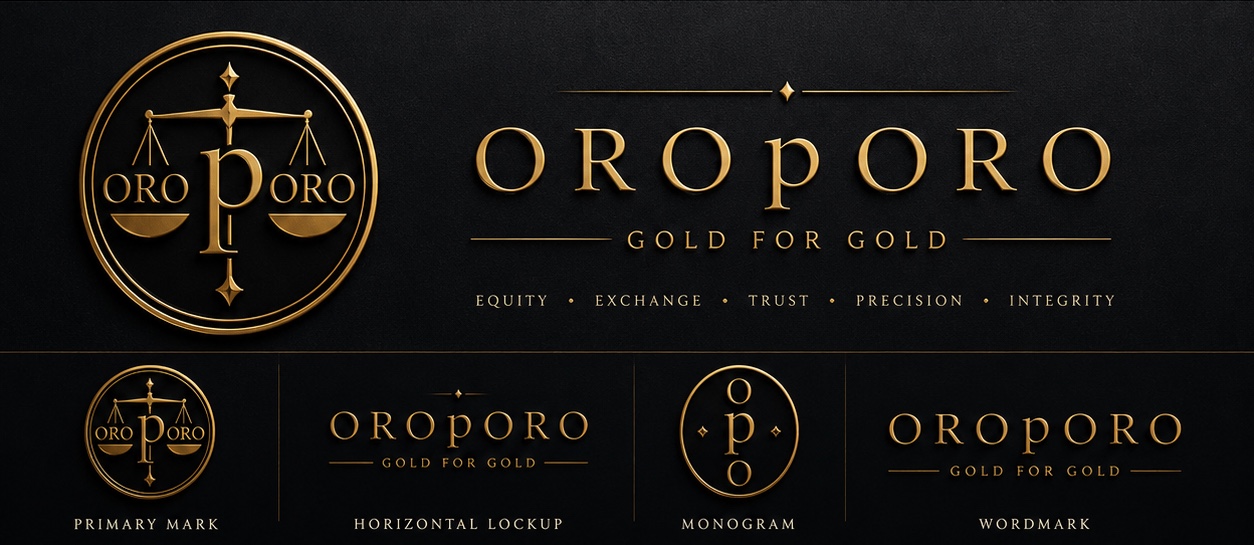 OroPoro mark system, primary mark, horizontal lockup, monogram, wordmark; gold for gold