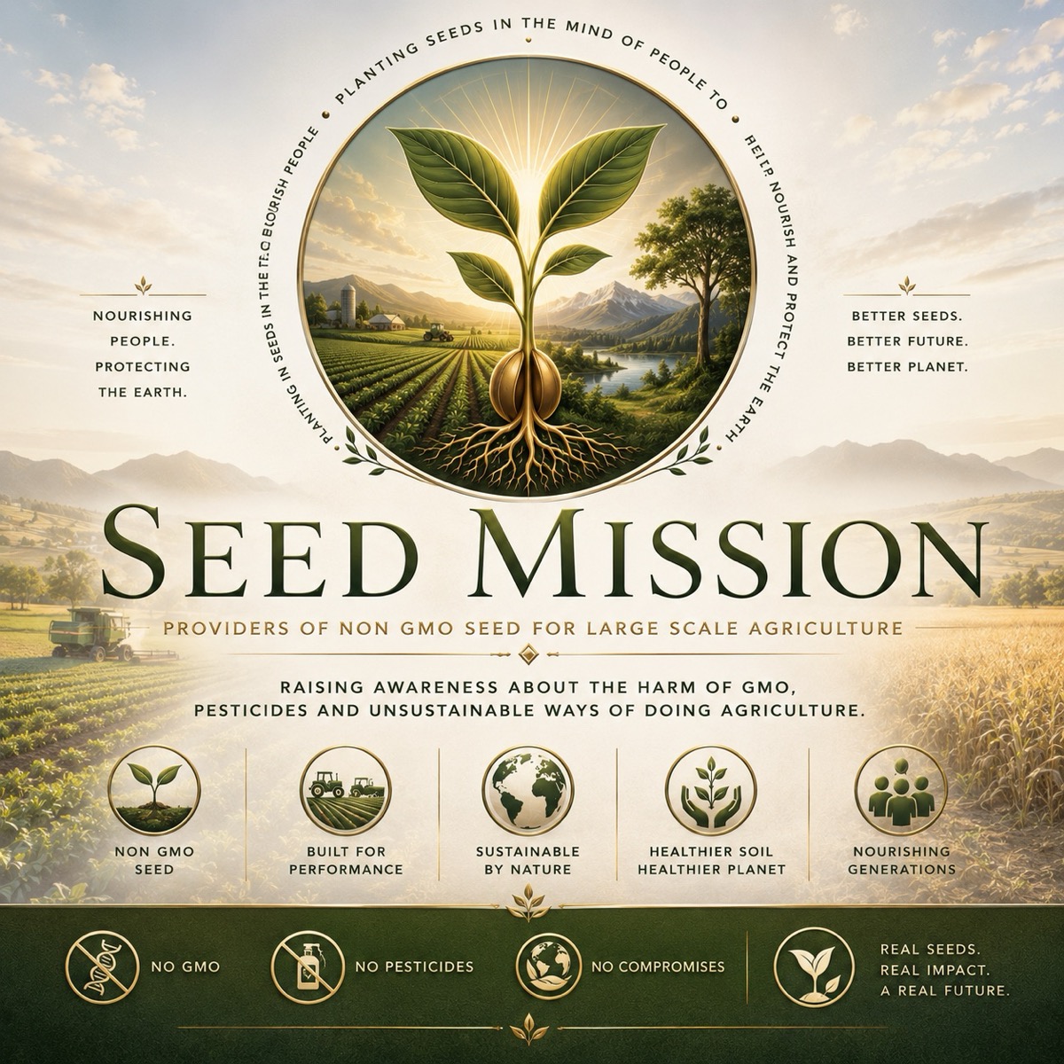 SeedMission agriculture campaign board. Non-GMO seed for large-scale agriculture. No GMO, no pesticides, no compromises.